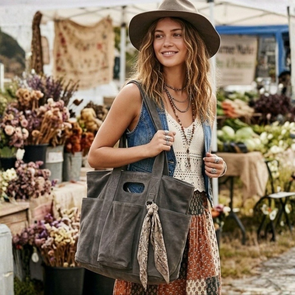 NWOT Free People Suede Caravan Tote Bag Charcoal Grey Slouchy Purse